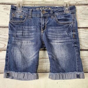 Truce Women’s Denim Bermuda Shorts Size 7 Mid Rise Blue Embellished Pockets